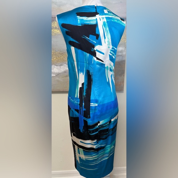 ST JOHN Brushstroke Stretch Silk Charmeuse Draped Cyan/Black Dress, Size 2 - Picture 6 of 16